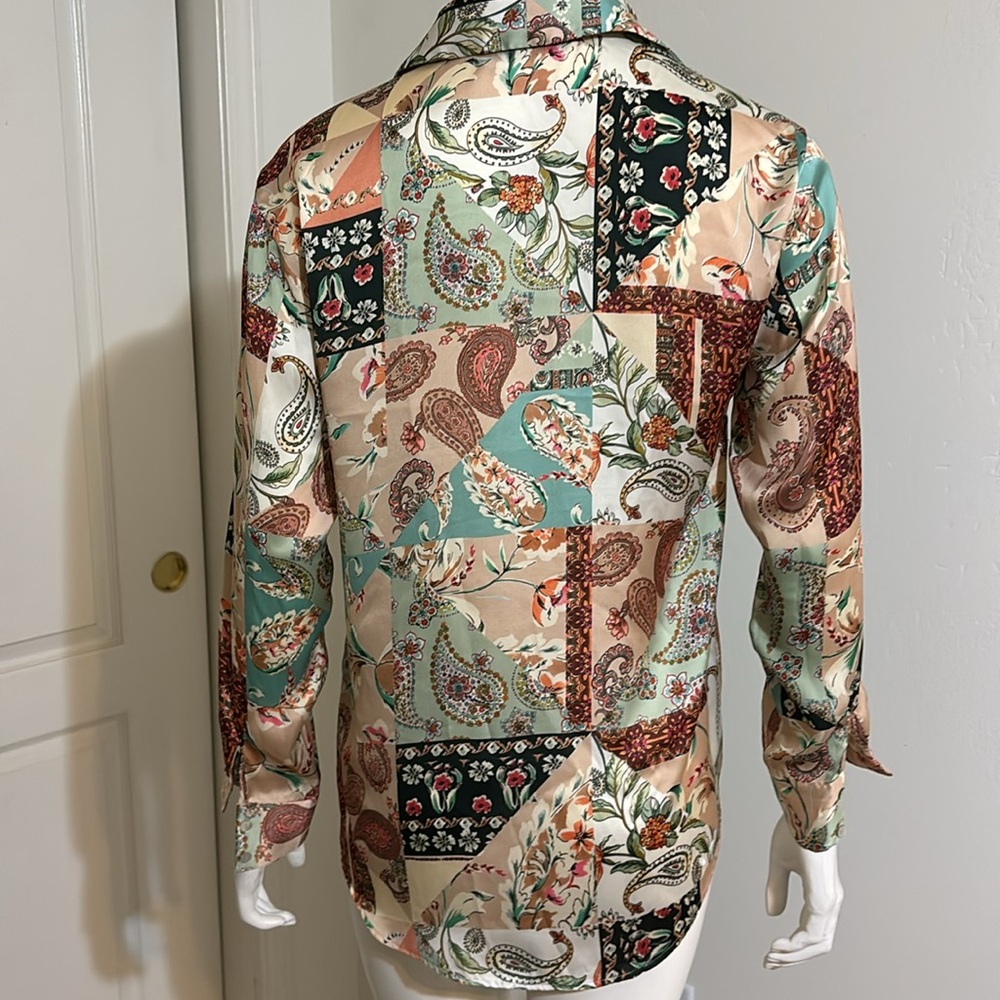 Satin Print Button Down Blouse - image 4